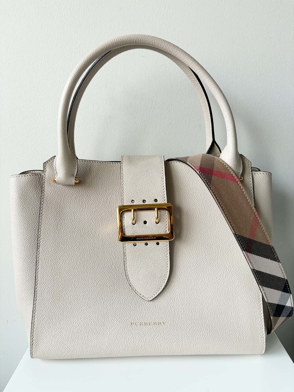 Burberry Cream Leather Satchel with Signature Check Strap